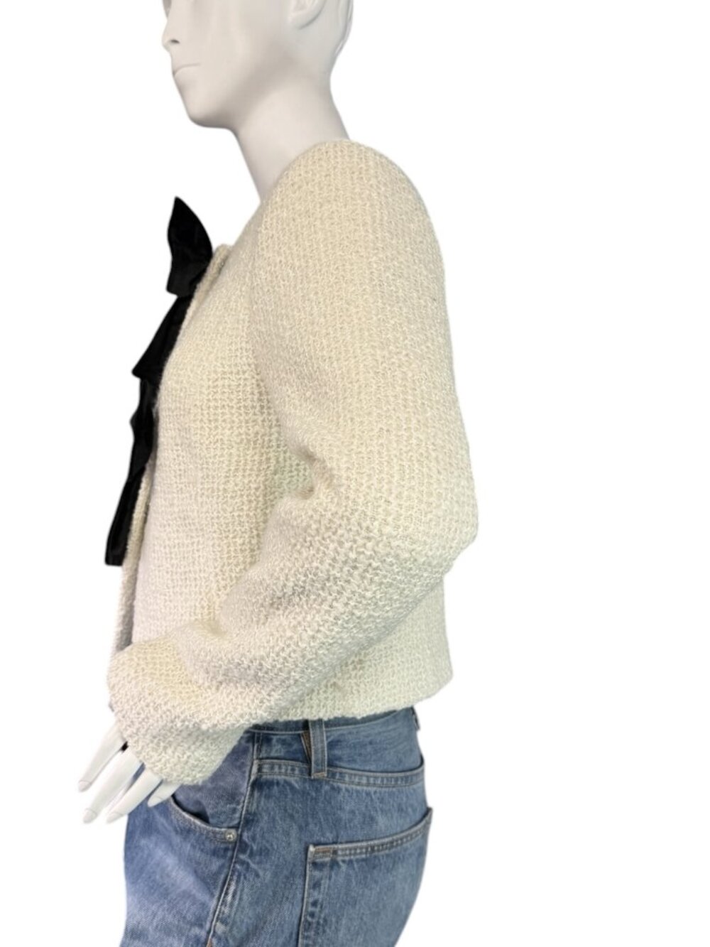 Avec Les Filles Bow Tweed Lady Cropped Jacket in Off White w/ Black Bows XS - Picture 5 of 9